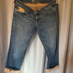 MISS ME Cropped Blue Jean with Tan Cuffs & Patches